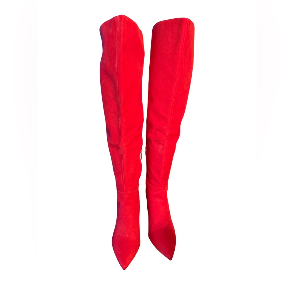 Jessica Simpson NWT Sz 8M Elegant Red Fabric Over the Knee Heeled Boots (SH158) - Picture 2 of 12